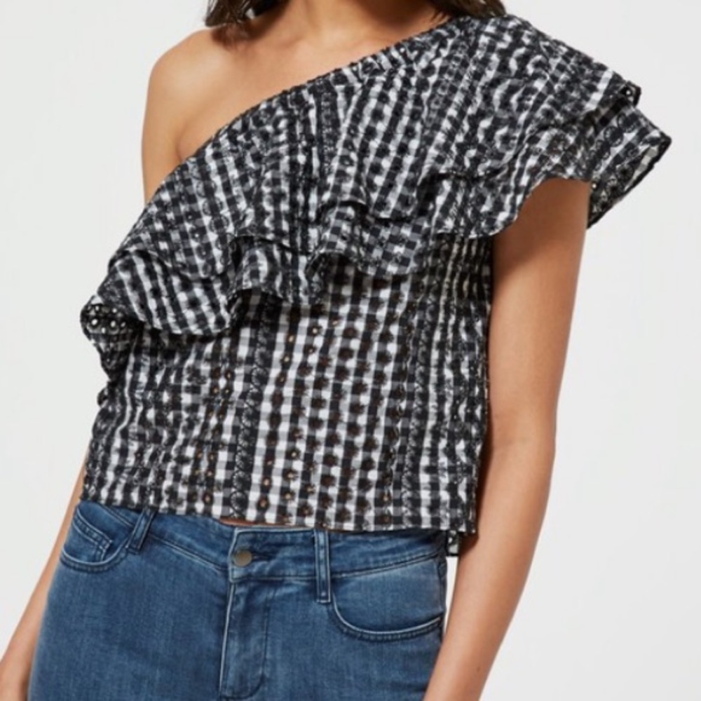 REBECCA MINKOFF lily one-shoulder gingham top